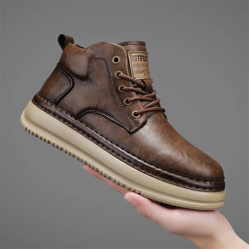 Handgefertigte Retro-High-Top-Freizeitschuhe für Herren, stilvolle, ultraleichte Vintage-Stiefel zum Schnüren, Frühlings- und Herbst-Alltagskleidung, Outdoor-Sneaker, Khaki-Schwarz, große Herrenschuhe