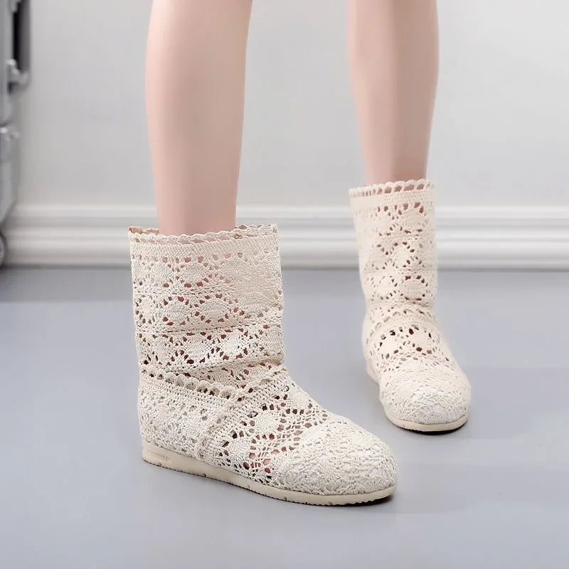 2025 neue Sommer Schuhe Atmungsaktives Mesh Sommer Stiefel Frauen Flache Ferse Ankle Botas Frauen Stiefel Mode Ausschnitte Marke botines mujer