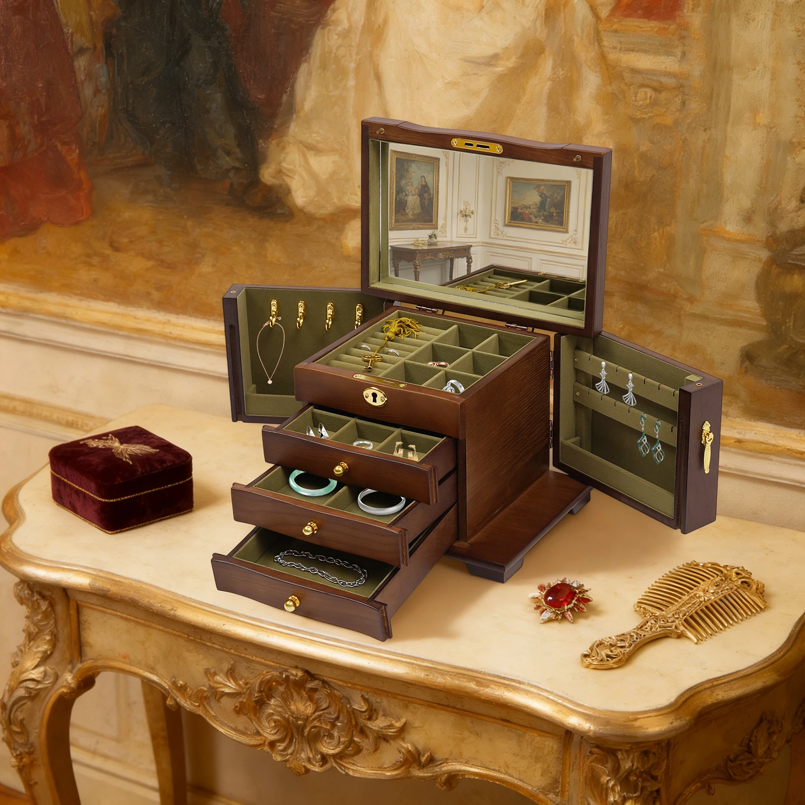 4-stöckige Multifunktionale Schmuckbox Holz-Schmuckaufbewahrungsbox mit Zahlenschloss Chinesische Ästhetik für Schmuck, Ringe, Halsketten und Uhren