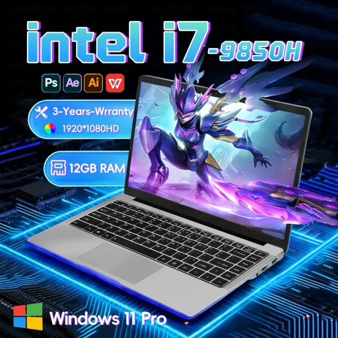 Intel Core i7 9850H 12GB RAM Windows 11 Pro Laptops Computer 1TB SSD Office Gamer Study notebook Computer PC 1920*1080