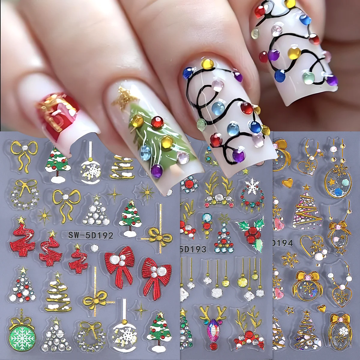 2/3 stücke Bunte Frohe Weihnachten 5D Nagel Geprägte Aufkleber Edelsteine Weihnachten Baum Bogen Elch Kristall Ball Kranz DIY abziehbilder Kreative Maniküre Image