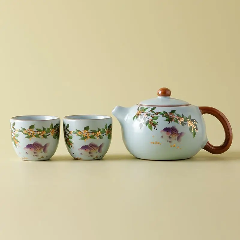 Painted Osmanthus Fish Tea Set, Tianqing Ru Kiln Gongfu Teaware, Household Ceramic Tea Brewing Pot Teacups, 1 Pot and 2 Cups