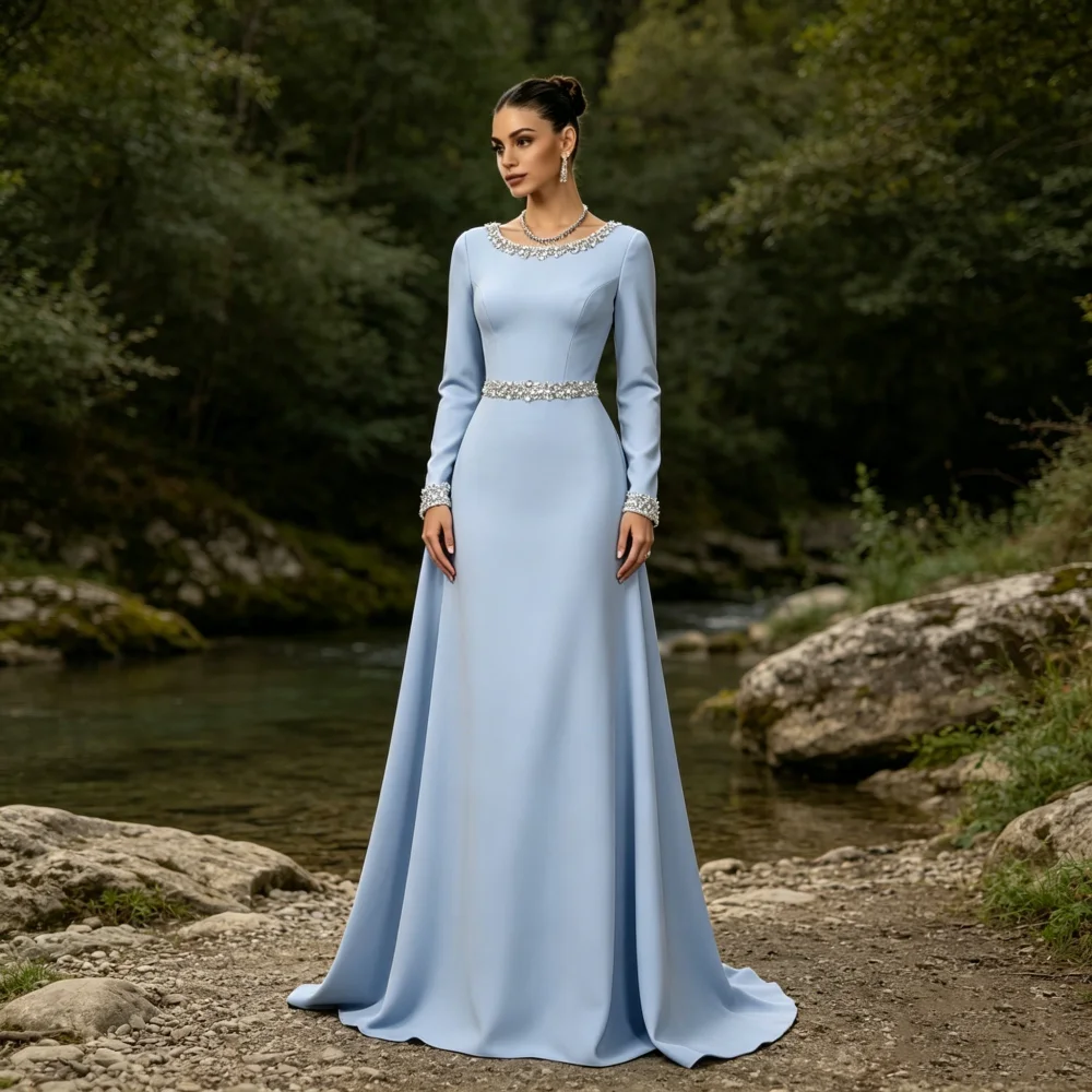 Customized Light Blue Evening Dress Long Sleeves Glitter O-Neckt Long Dresses A-Line Formal Party Dress for Wedding Guest