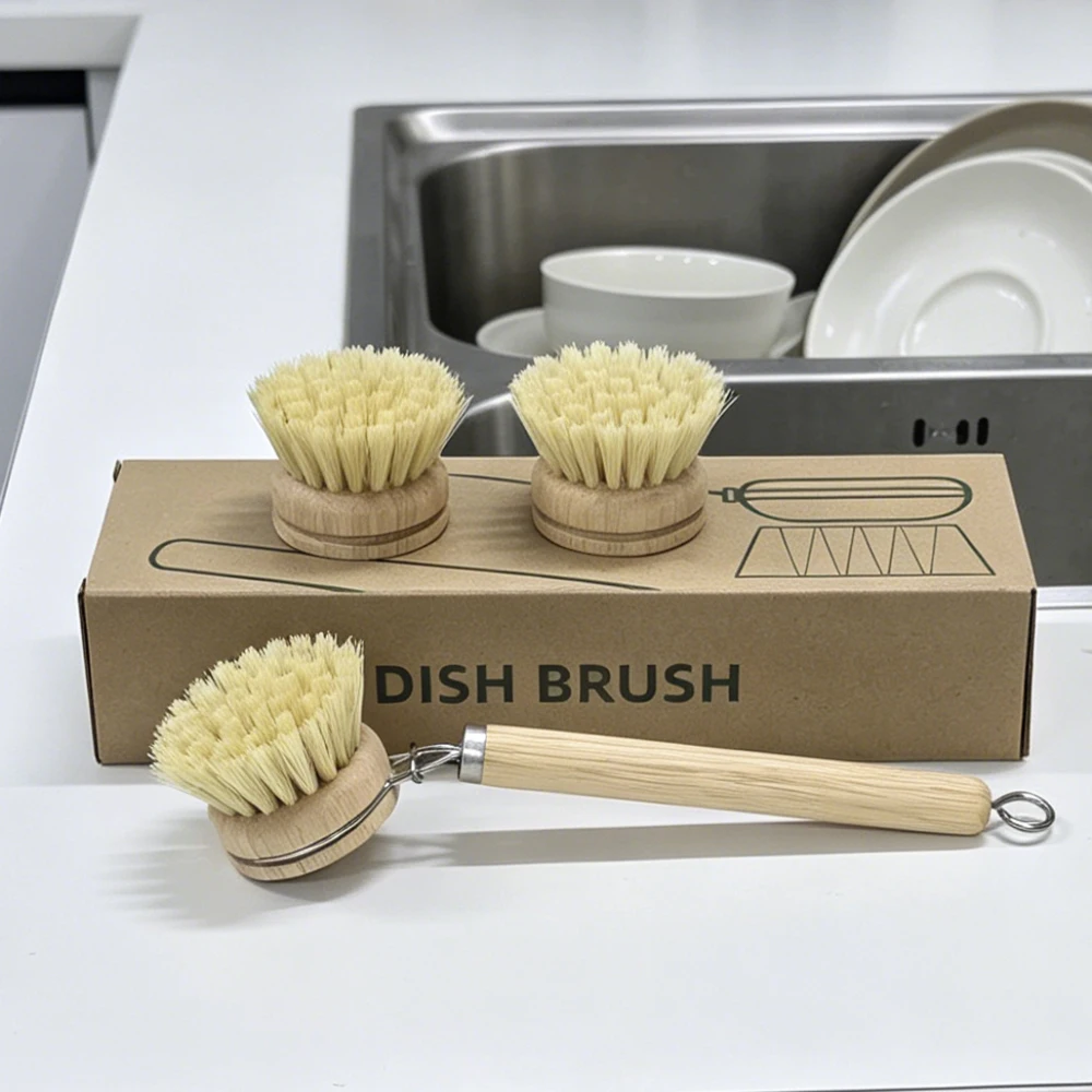 Holzgriff-Spülbürsten-Set mit 3 Ersatz-Sisalköpfen, Sisal-Küchenreinigungsbürste für Töpfe, Pfannen & Geschirr Image