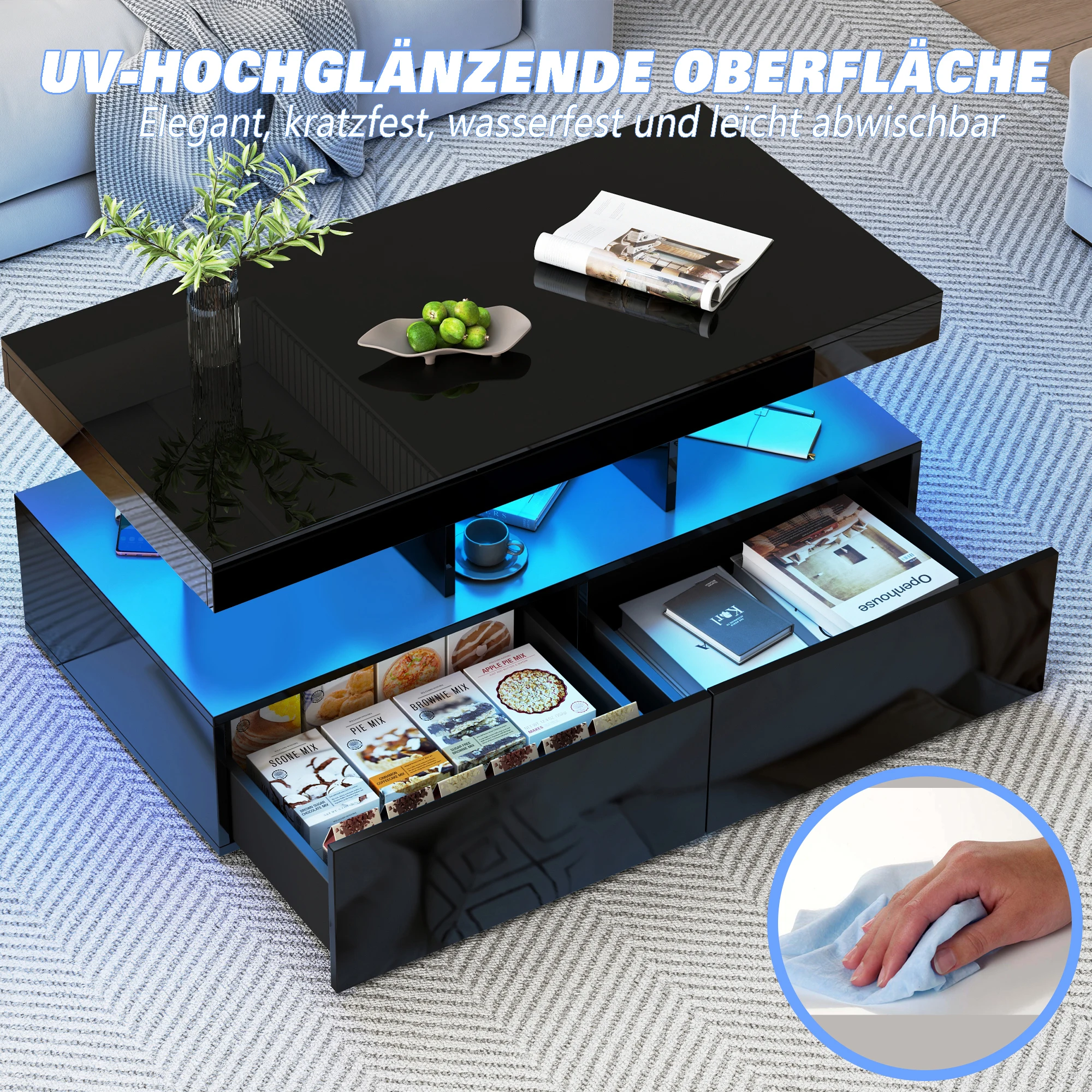 Anajqaqia Couchtisch, Wohnzimmertisch Hochglanz mit LED, mit 2 Schubladen, Moderner Sofatisch mit Stauraum, Schwarz