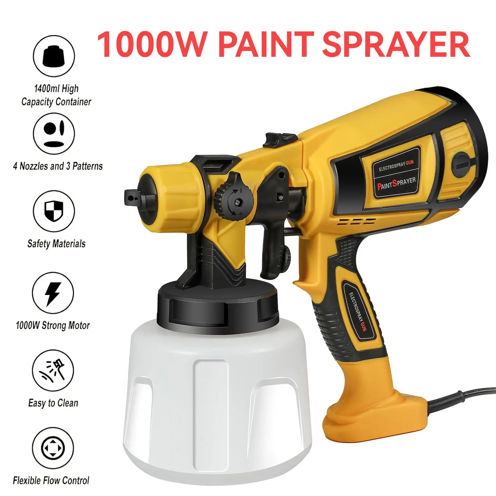 1400ml Farbsprühgerät 800W HVLP Elektrische Spritzpistole Tragbarer Großraumtank Leicht zu Reinigen 4 Düsen und 3 Sprühmuster Geeignet für Möbel Schränke Zäune Wände Türen DIY-Projekte Stühle Auto Image