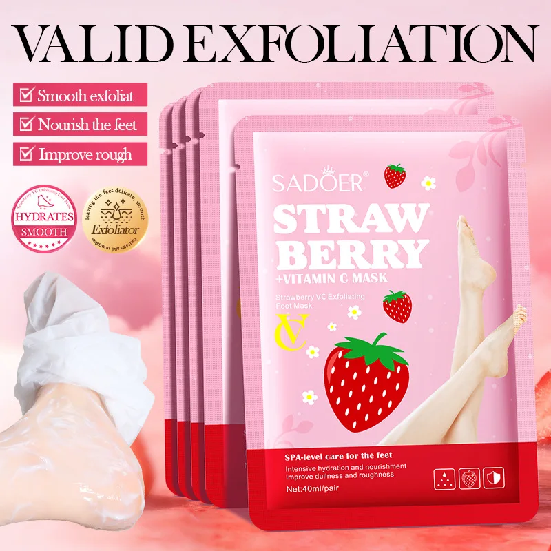 5 paia SADOER Maschera per i piedi alla fragola Idratante Sbiancamento Peeling per i piedi Maschera Esfoliante Piedi Spa Pedicure Esfoliante Cura della pelle