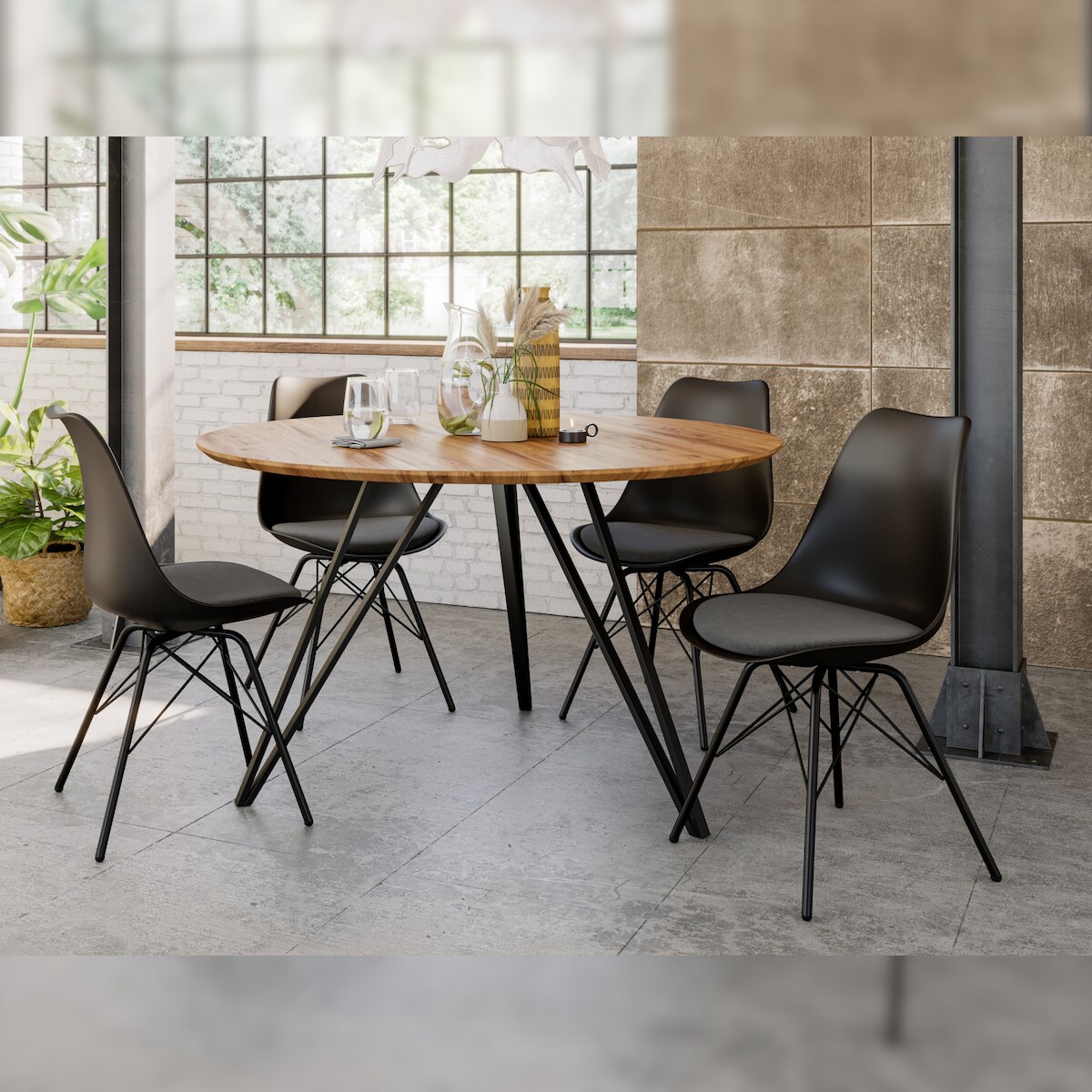 Möbelliebling Essgruppe 120 cm Akazie naturfarben Schweizer Kante Metallfuß mit 4 Stühlen INSA Image