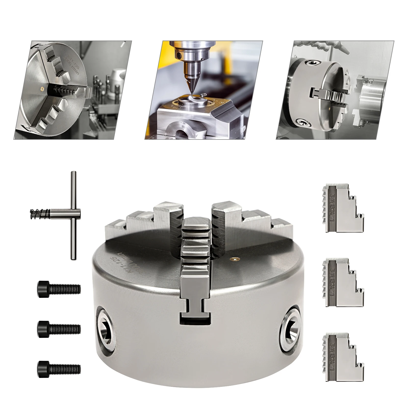80 mm/100 mm/125 mm selbstzentrierendes 3-Backen-Spannfutter, verstellbares Drehfutter-Werkzeug-Set mit Schraubenschlüssel zum Klemmen, Fräsen, Bohren, Drehen Image