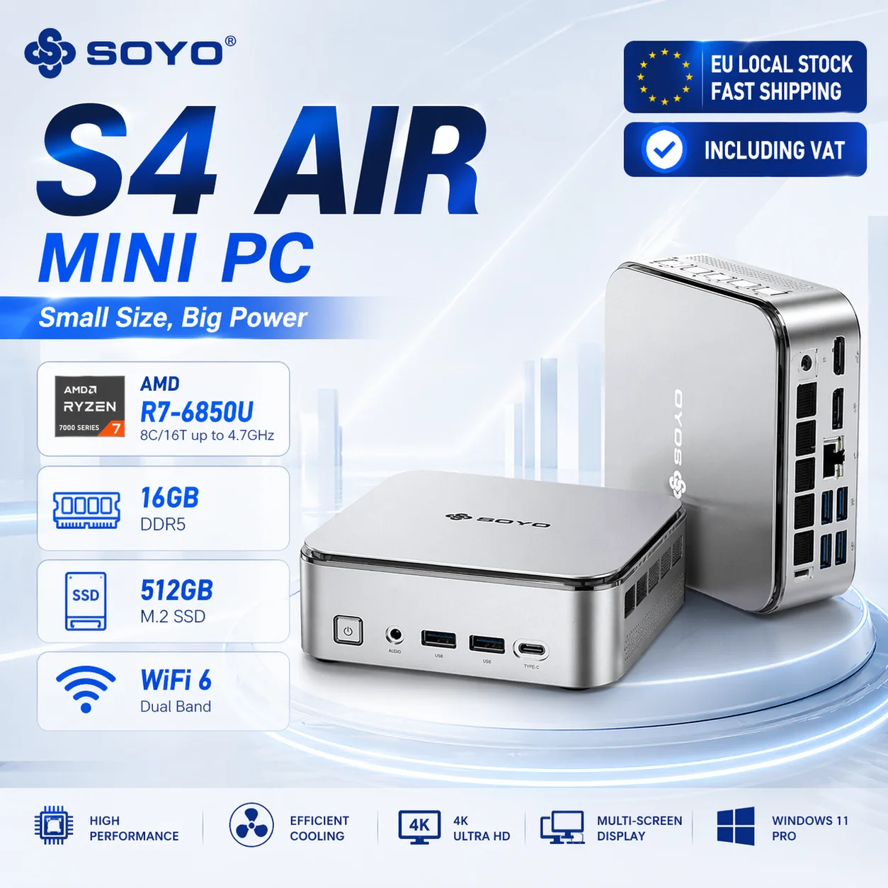 SOYO S4 Air Mini-PC Gaming-Computer AMD R7-6850U CPU 16GB DDR5 512GB SSD NVME PCIE3.0 Windows 11 Pro WiFi6/BT5.2 Mini-Computer Image