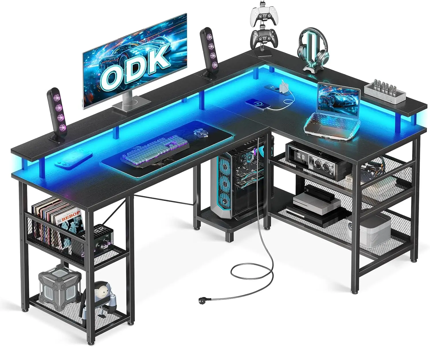 Coleshome Gaming Tisch mit LED, 150×102cm Reversibel Gaming Schreibtisch mit 2 Steckdosen & 2 USB-Ladeanschlüssen, Schwarz Image