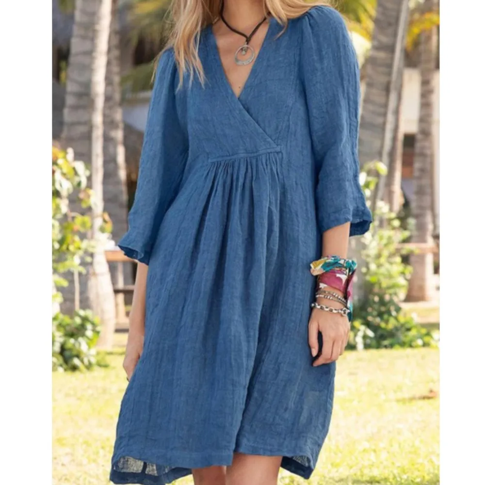Baumwolle Leinen Einfarbig Kleid frauen Frühling Sommer Sieben Viertel Hülse Sexy V-ausschnitt Casual Lose Mittlere Länge Kleid Image
