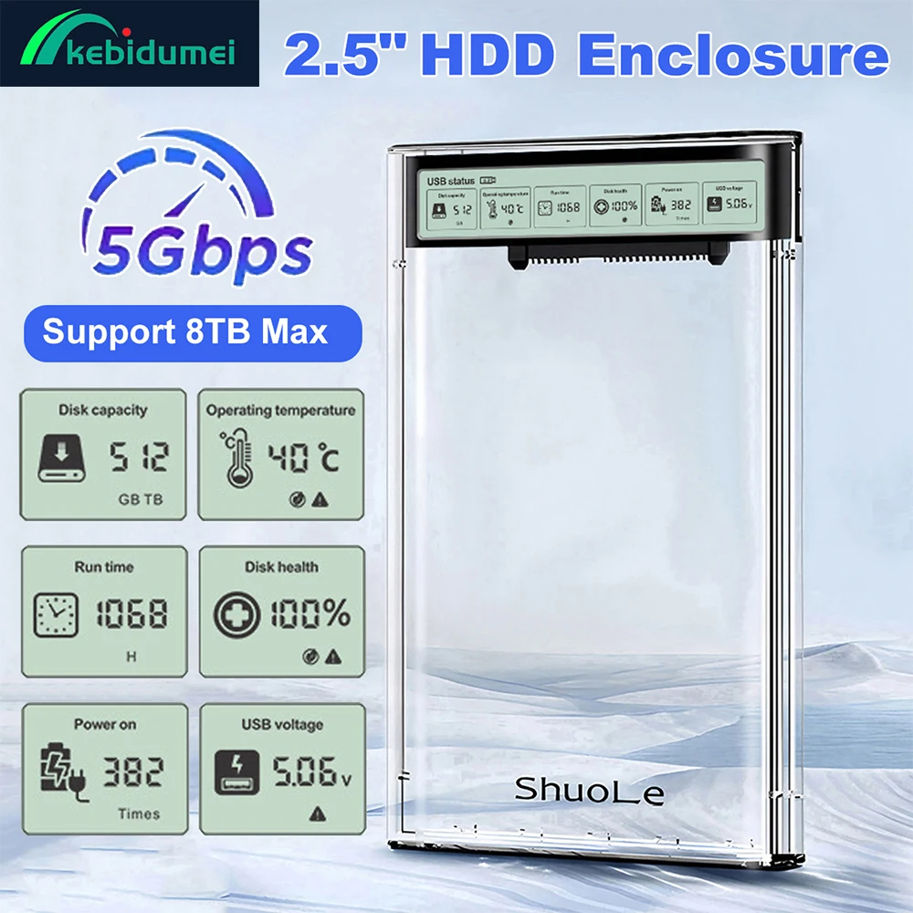 Kebidumei Smart Display HDD-Gehäuse 2,5 Zoll Transparentes HDD-Gehäuse USB-C Externes HDD-Gehäuse SATA HDD SSD Speichergehäuse für Laptop PC Image