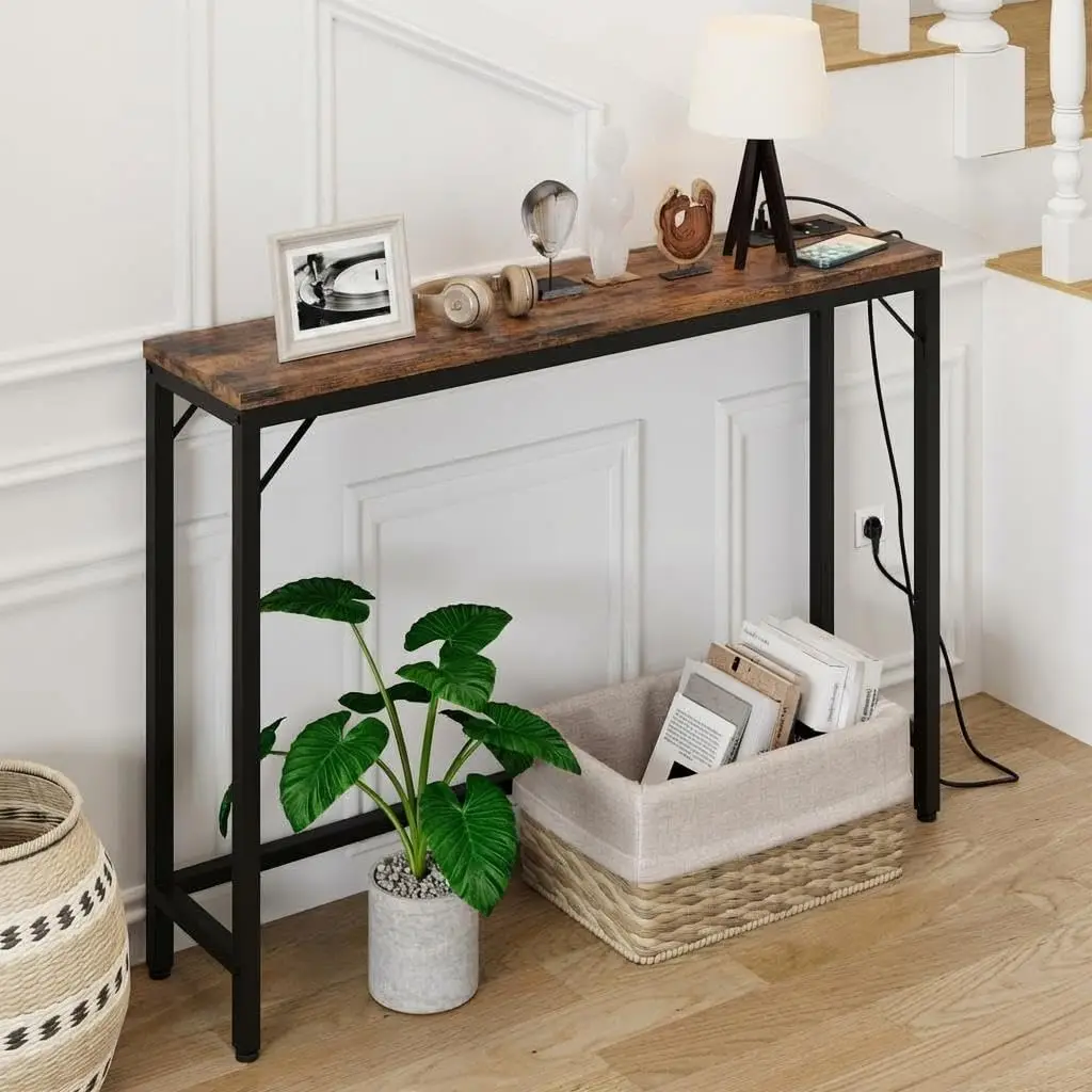 Konsolentisch mit Ladestation, Sofatisch für Eingangsbereich, Flur, Wohnzimmer, Moderner Beistelltisch mit USB-Anschlüssen & Steckdosenleiste