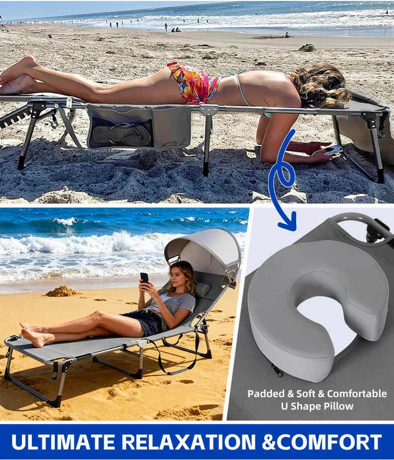 Doppelfunktions-Klapp-Strandliege mit Sonnenschutz für Outdoor-Camping, tragbares Liege- und Sitzmöbel zum Entspannen.