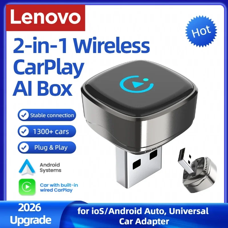 Adattatore CarPlay Wireless Lenovo per iPhone Android 2026 2in1, da Cablato a Wireless, Connessione Automatica Bluetooth Plug & Play