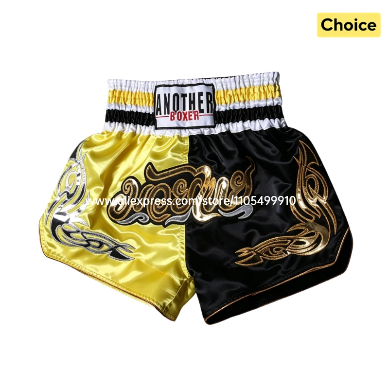 Zweifarbige Muay Thai Kickboxing Shorts Schwarz-Gelb Boxershorts mit Goldstickerei Elastischer Bund Satin-Shorts für MMA BJJ Image