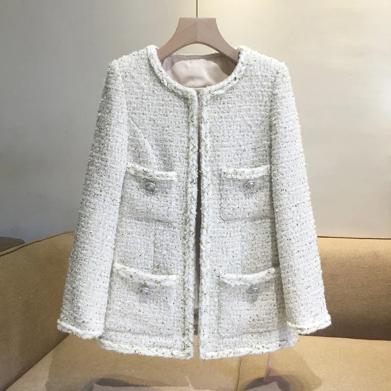 Neuer Mantel mit eleganter Ausstrahlung, goldener Wolltweed-Jacke im klassischen Cardigan-Stil, Größe kann individuell angepasst werden. Image