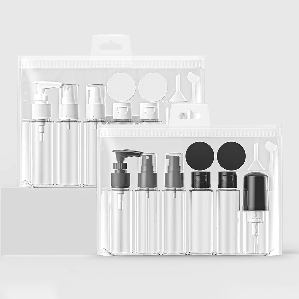 11-teiliges Set Nachfüllbare Reiseflaschen Auslaufsicheres Tragbares Transparentes Reise-Kosmetikbehälter-Set für Shampoo Lotion Spray Schaumpumpe