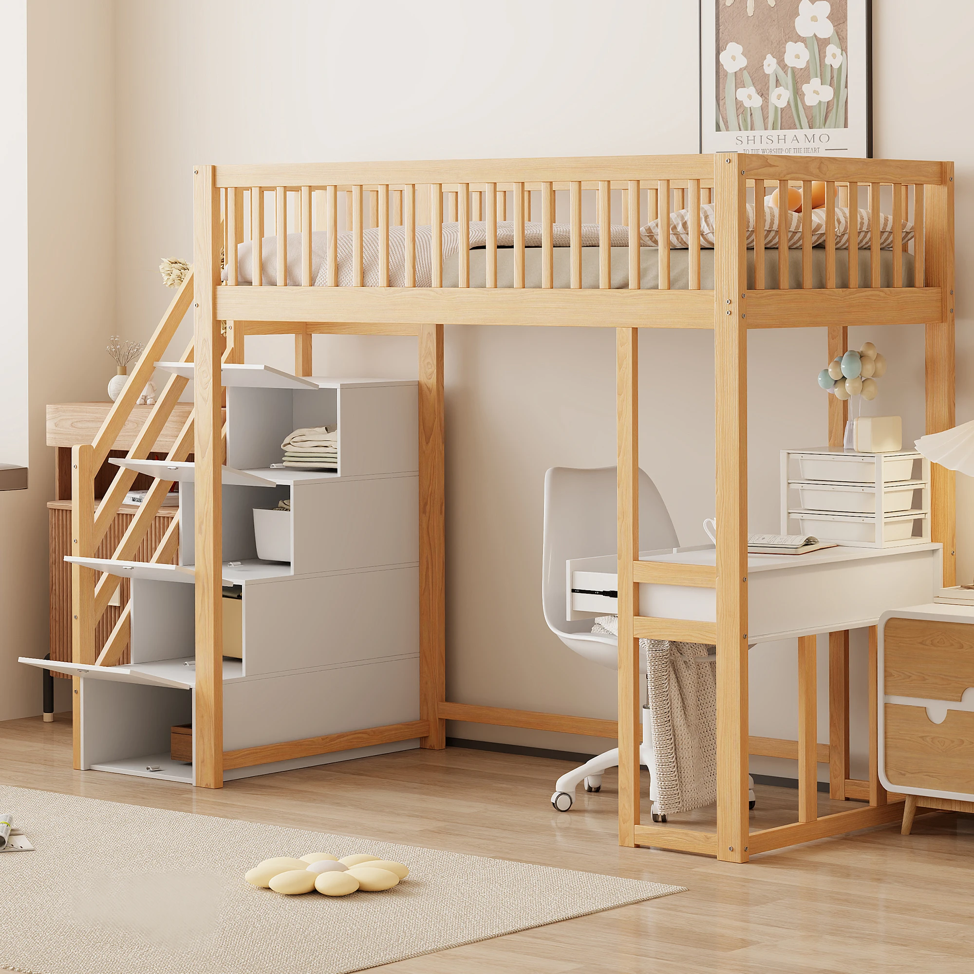 Kinderbett Hochbett mit Stauraum-Treppe und Schutzgeländer Etagenbett Holz-Kinderbett Jugendbett für Kinderzimmer