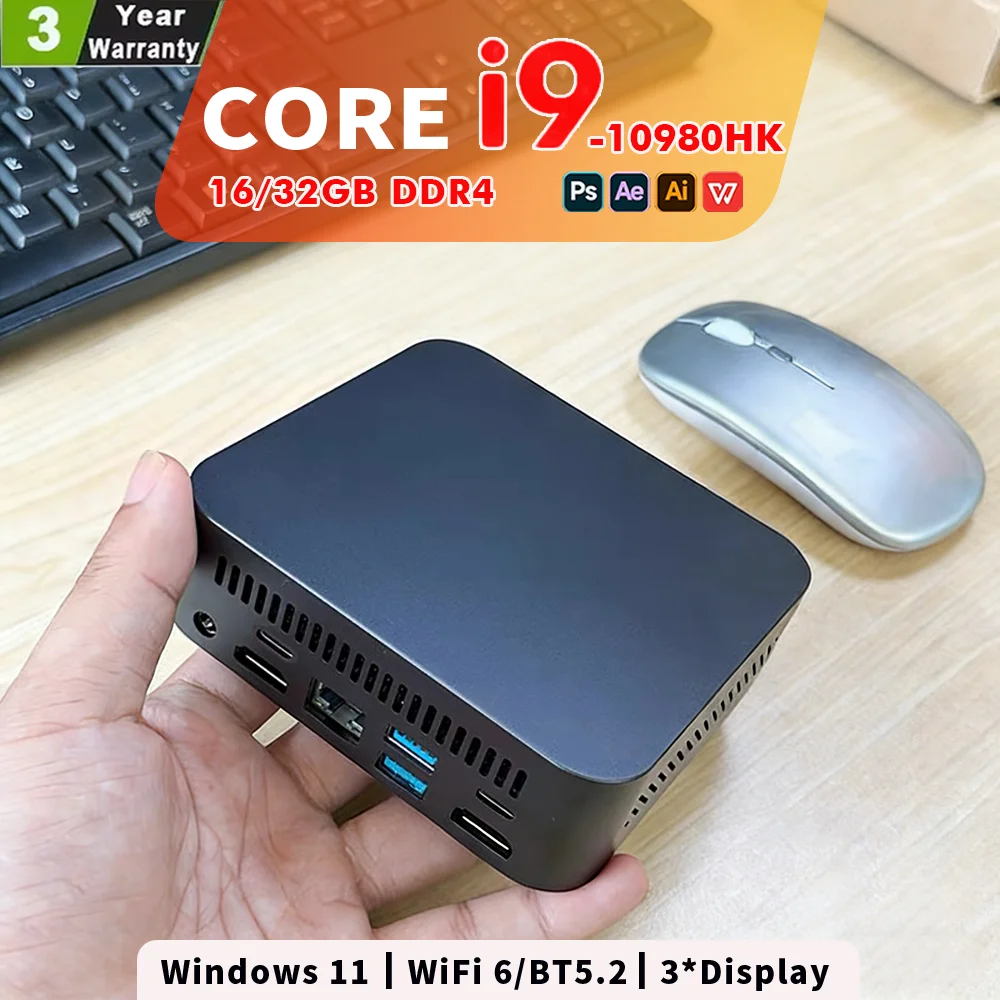 NEW Core i9-10980HK Portable Mini PC Computer Windows 11 16GB/32GB DDR4 1/2TB SSD Gaming Computer WiFi 6 office Mini Desktop