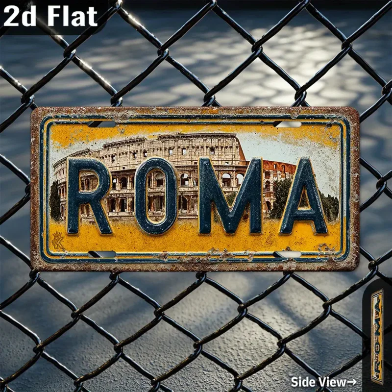 2D flache, 1-teilige Vintage-Kennzeichen-Wandkunst aus Aluminium mit Roma-Italien-Motiv – 12 x 6 Zoll (30 x 15 cm), Distressed-Design in Gelb und Blau mit Kolosseum-Motiv Image