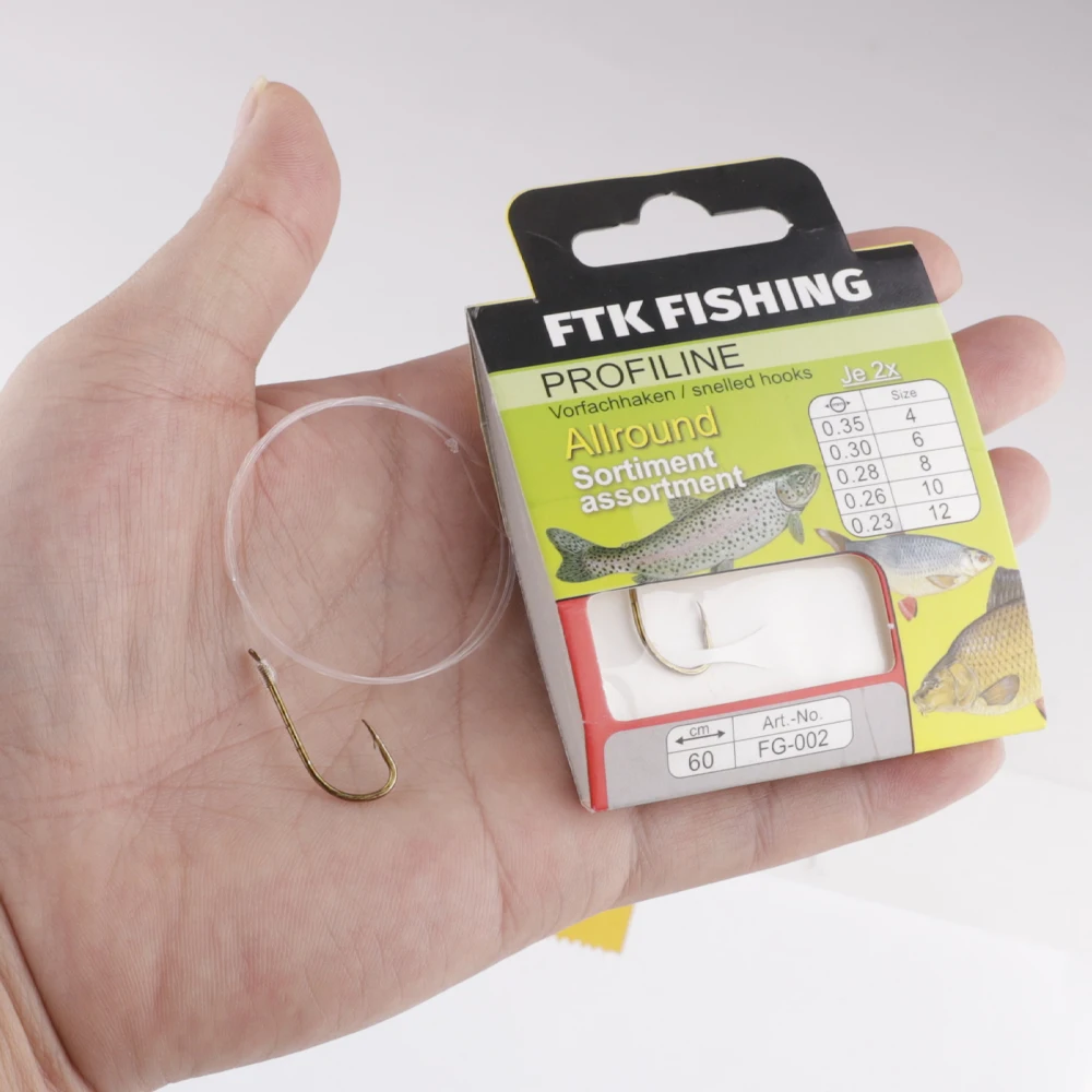 FTK Karpfenhaken aus hochkohlenstoffhaltigem Stahl mit Monofilament, 10 Stück/Packung, gemischte Größe 4 # 6 # 8 # 10 # 12 # 60cm - Fertig gebunden Image