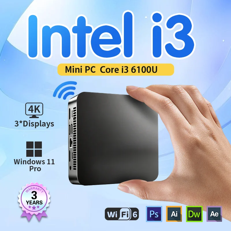 Mini PC Windows 11 Pro Intel Core i3 6100U 16 Go de RAM 512 Go SSD 4K HD type C Mini PC ordinateur de bureau Wifi 6