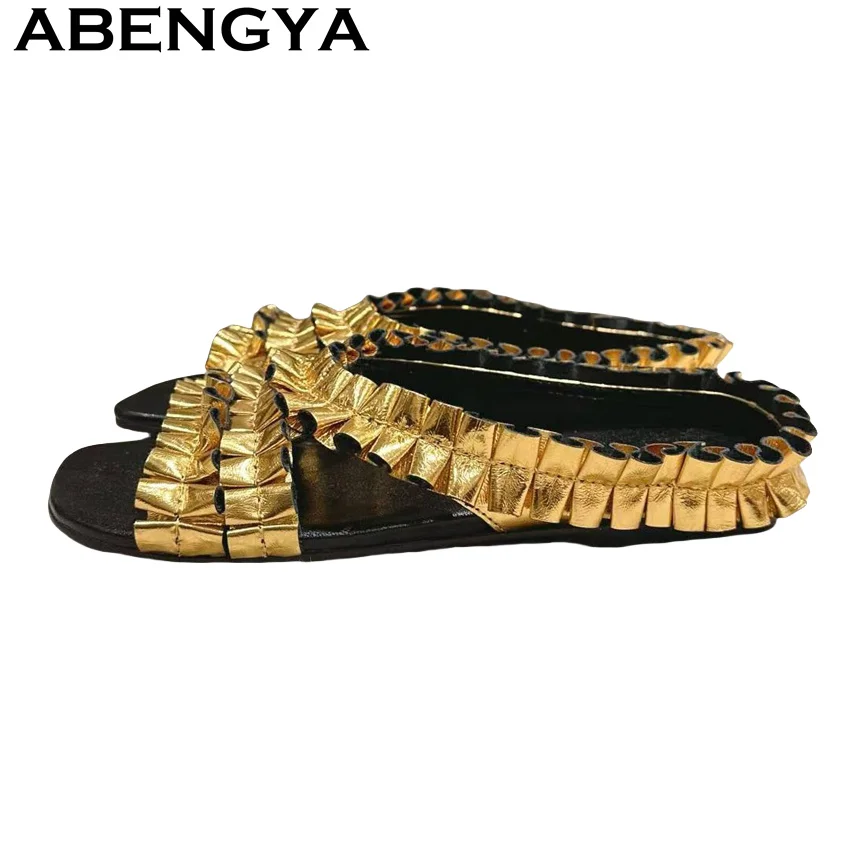 2023 sommer Neue Falten Spitze Design Flache Hausschuhe Frau Runde Peep Toe Casual Punk Hausschuhe Mode Maultiere Schuhe Zapatos de Mujer
