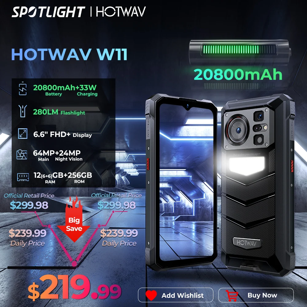 [World Premeire] HOTWAV W11 Robustes Telefon 20800 mAh 280 LM Taschenlampe 6,6'' FHD+ Smartphone 33 W 24 MP Nachtsicht-Handy Image