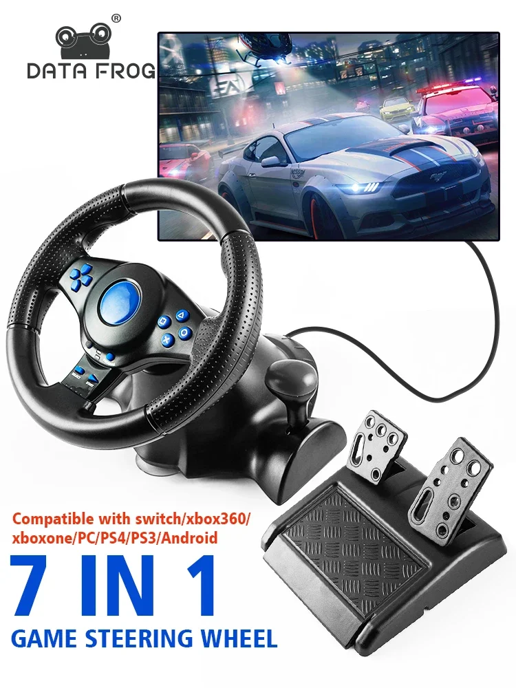 DATA FROG Racing Lenkrad Vibration Controller Sim Racing Rad mit Pedalen für PC Gaming Konsole Universal Gamepad Image