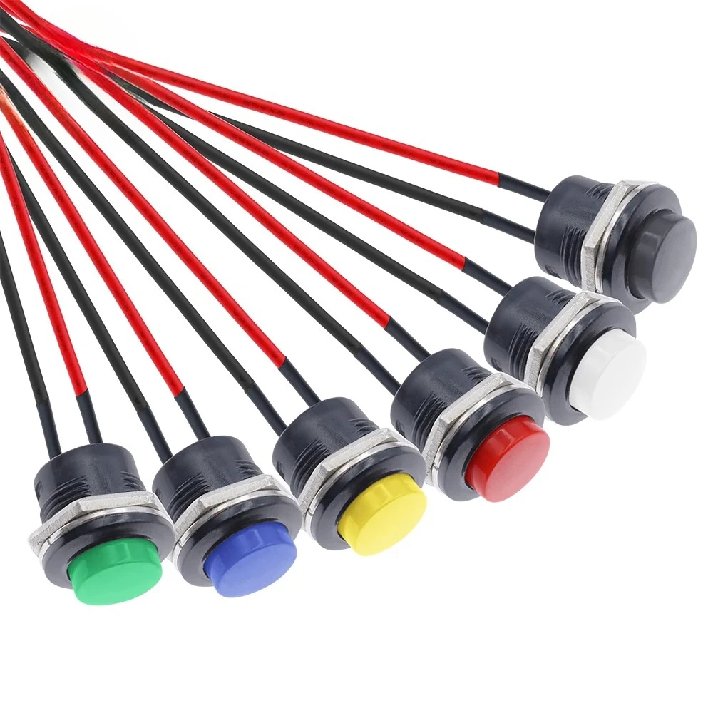 Momentaner Drucktastenschalter mit Kabel 16mm 6A/125VAC 3A/250VAC Runde Schalter R13-507 SCHWARZ ROT GRÜN WEIß BLAU GELB Image