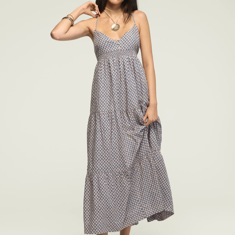 Lucky Brand Printed Ruched Waist Maxi in Blue Ikat, Size XL
