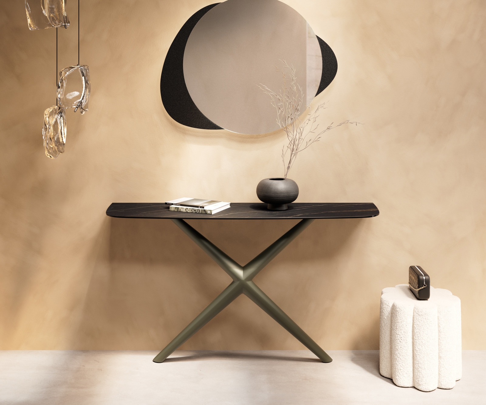 DELIFE Konsolentisch Edge Boot 140x40 cm Keramik Laminam® Noir Desir Braun Estelo Metall Effektfinish Titan, Konsolentische Image