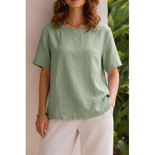 Per donna Maglietta in cotone e lino Maglietta Tinta unica Elegante Moda Casual Manica Corta Girocollo Top Regolari Casuale Quotidiano Abbigliamento da vacanza Bianco Giallo Rosa Viola Verde Estate