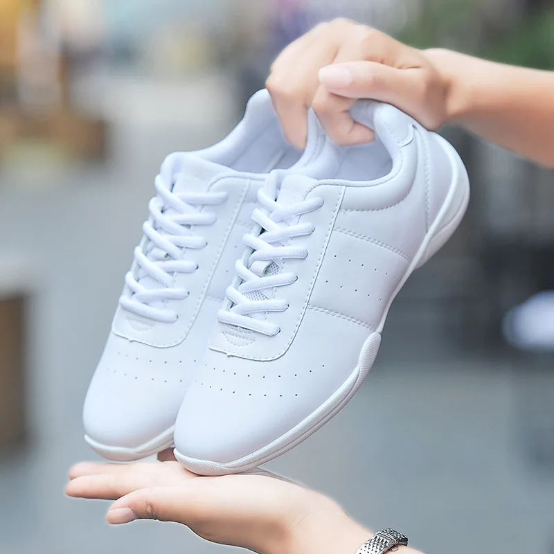 D01 Weiße Leder-Cheerleader-Schuhe für Damen, bequeme Sportschuhe für Jugendliche, zum Tanzen und Trainieren, für Sport und Tanz. Image