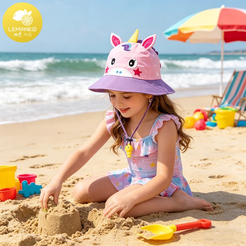 Sommer-Sonnenhut für Kinder, Baby-Sonnenhut für Mädchen, Einhorn-Design, Outdoor-Nacken- und Ohrenschutz, UV-Schutz, Strandhut, Bucket Cap, 3-6 Jahre Image