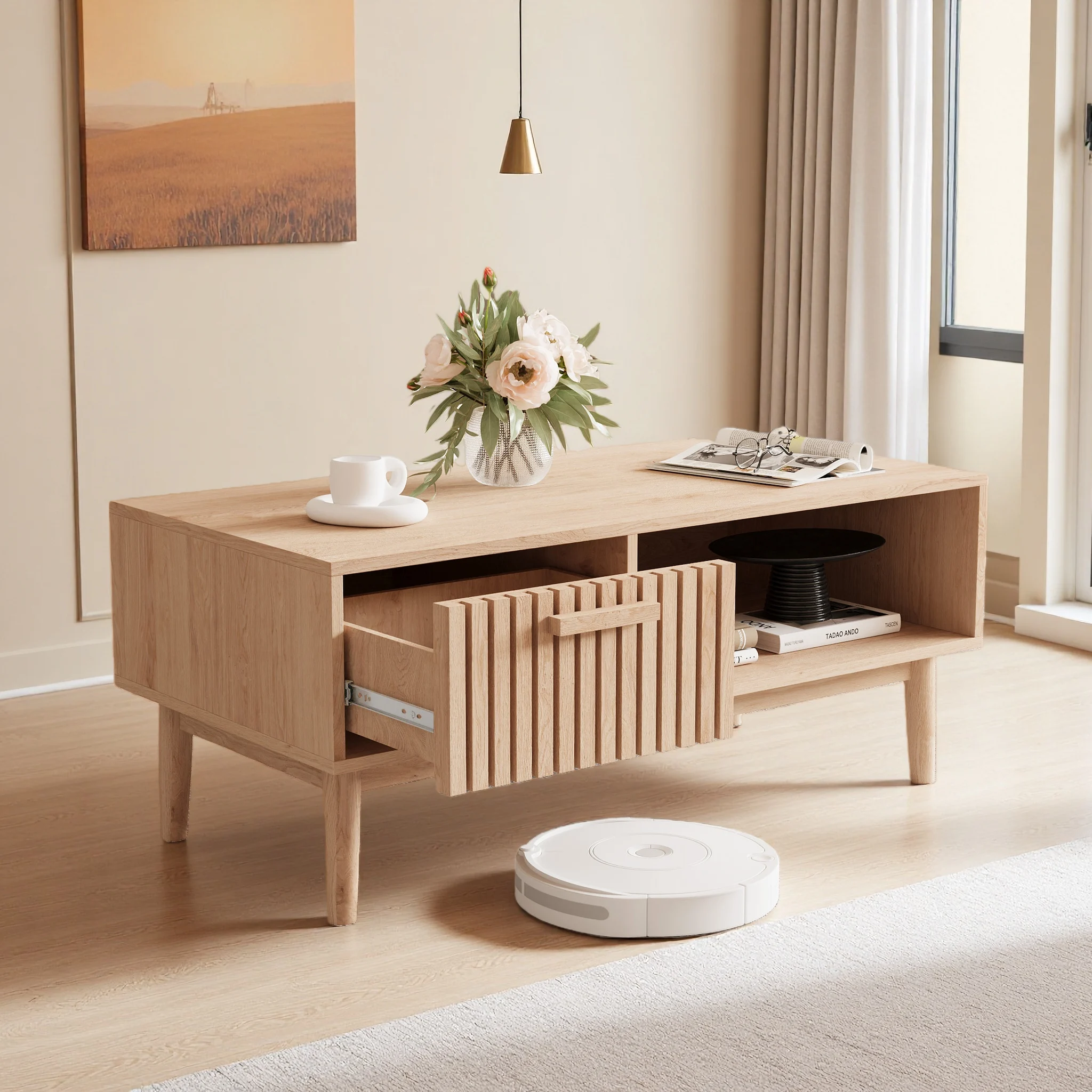 Anajqaqia Aufbewahrungstisch aus Holz mit offenen Regalen und Schubladen, rechteckiger Couchtisch für das Wohnzimmer, 100×50×43 cm, Holzfarbe