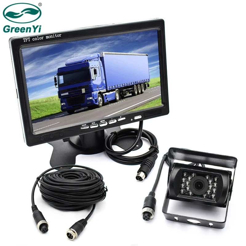 GreenYi Fahrzeug-IR-LED-Rückfahrkamera, 4-poliger Anschluss + 7-Zoll-LCD-Farb-TFT-Rückfahrmonitor 800 x 480 für Bus, LKW, Wohnmobil Image