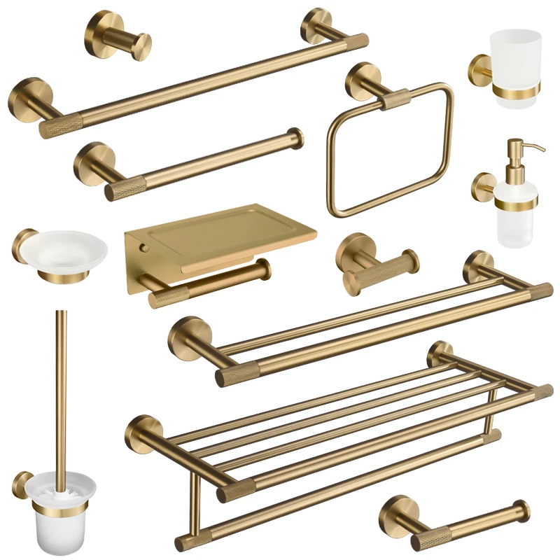 Ensemble d'accessoires de salle de bain en or brossé : Porte-brosse WC, Porte-papier toilette, Barre porte-serviettes, Porte-serviettes, Crochets et quincaillerie