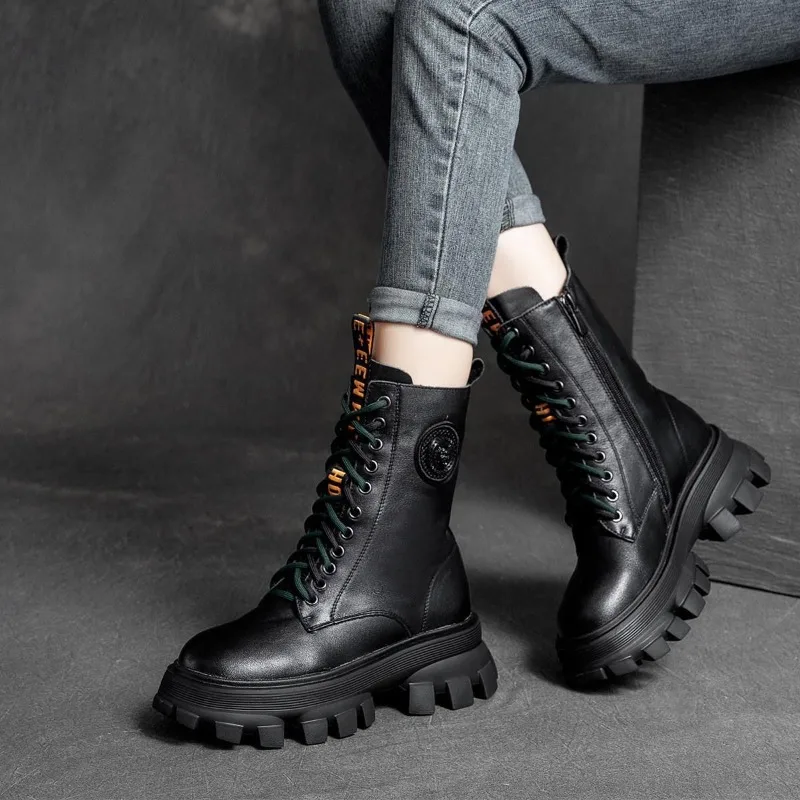 2025, kurze Plüsch-Schneestiefel mit mittelhohem Absatz, Schnürung, warme Damen-Plattform, Biker-Stiefel mit mittlerer Wade für Damenschuhe, Winter-Leder-Chelsea-Stiefel
