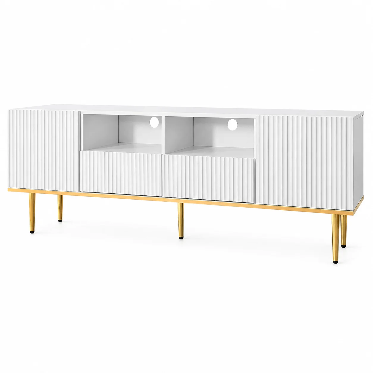 Meuble TV 165x36x55 cm, meuble bas blanc et or en aggloméré, meuble télévision pour téléviseurs de 60 à 69 pouces, avec façade rainurée, 2 compartiments ouverts, 2 tiroirs, pieds dorés et bordures