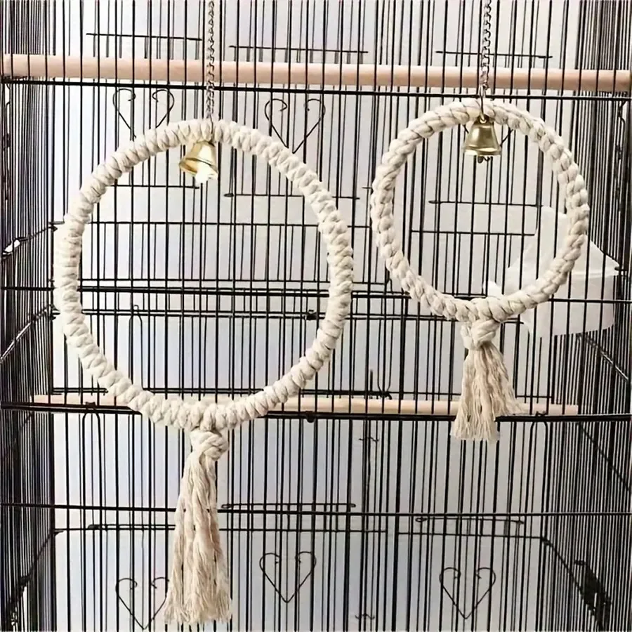Natürliches Hanfseil-Vogelspielzeug mit Glocke, Groß 7,87 Zoll, Klein 5,31 Zoll, Papageienkäfig-Zubehör zum Klettern, Kauen und Dekorieren Image