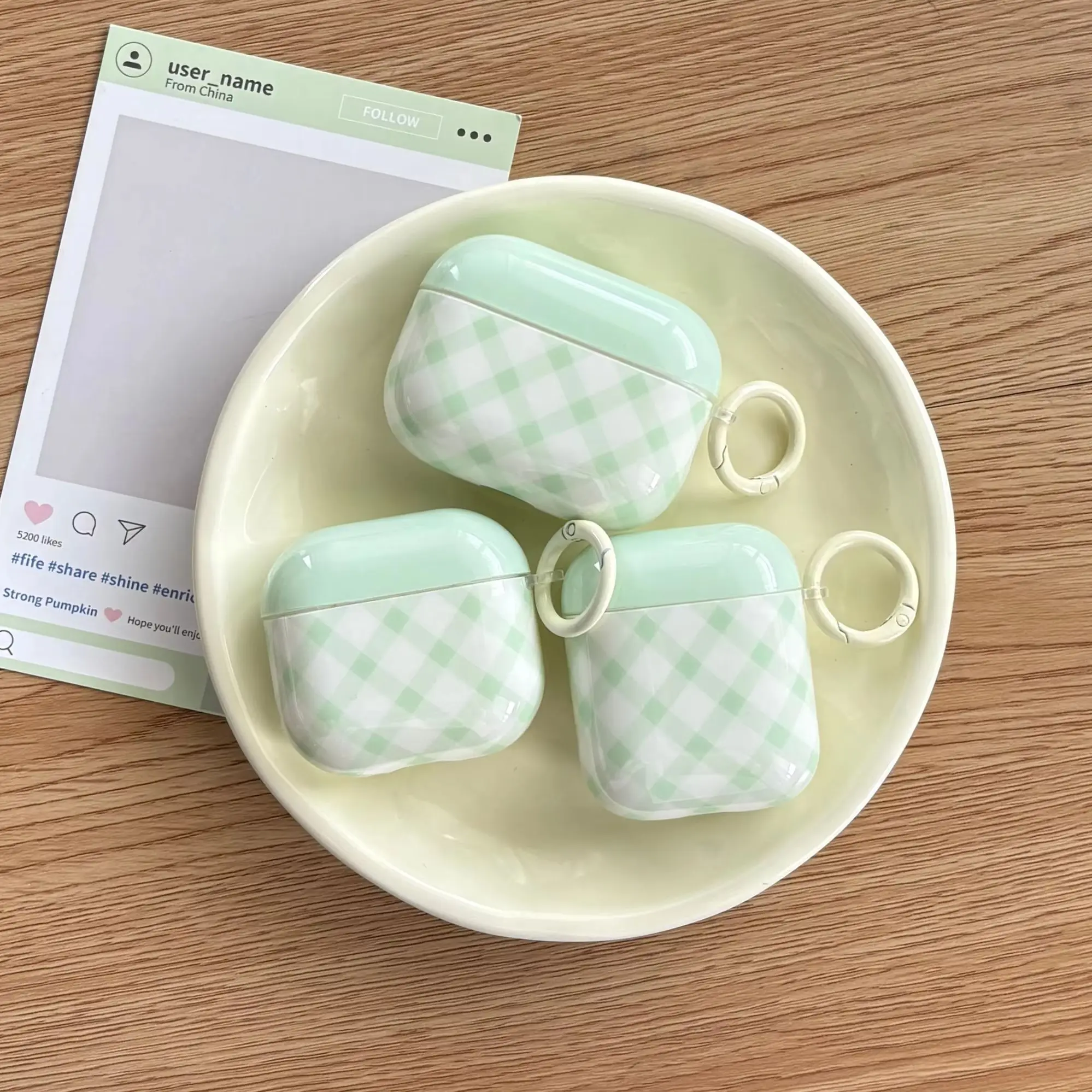 Freshness Simple Green Argyle Pattern Glossy Protection Kopfhörer-Schutzhülle für AirPods 1 2 3 4 Pro Pro2 Pro3 mit Ring Image