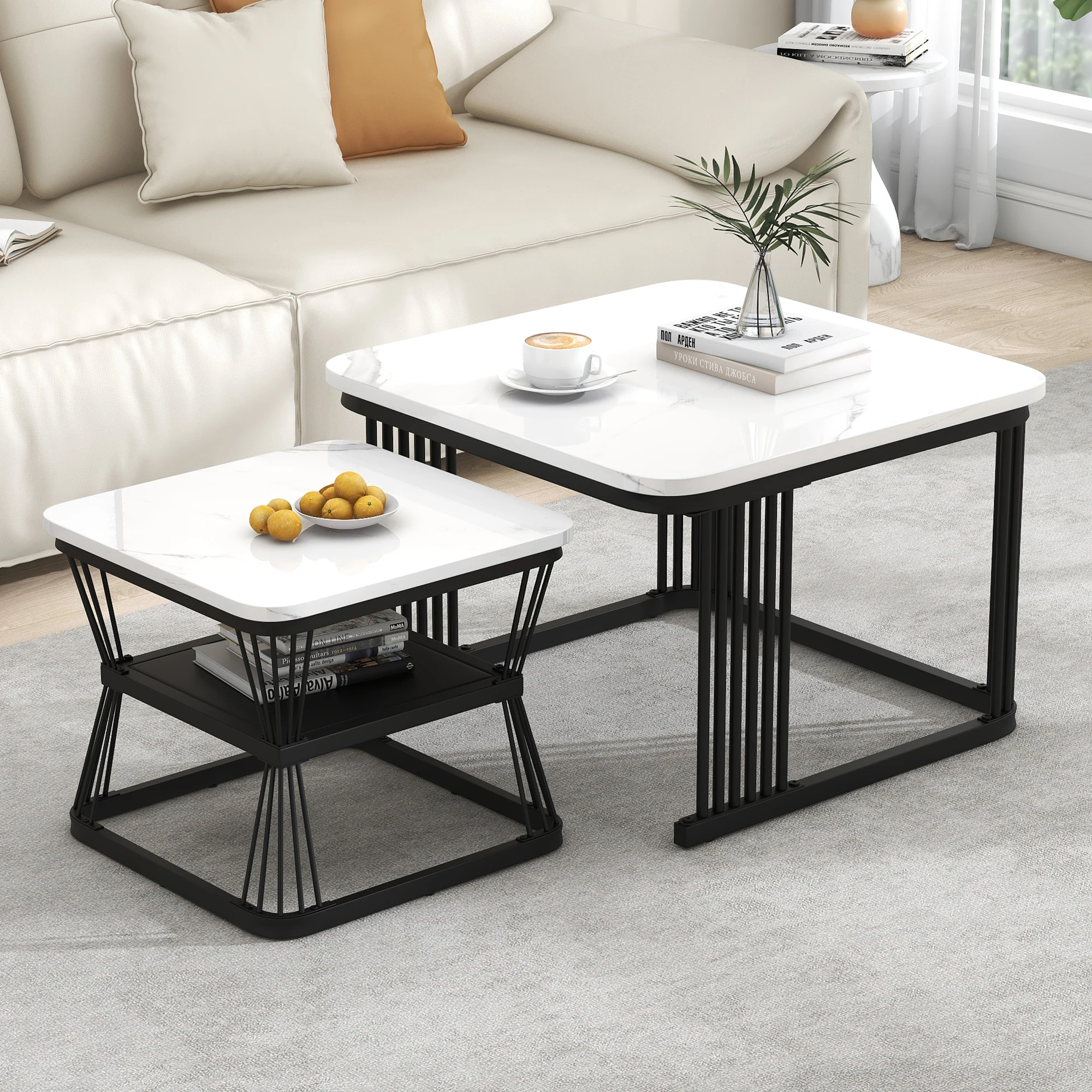 2-teiliges Couchtisch-Set mit Marmor-Effekt, moderne Beistelltische mit schwarzem Metallrahmen für das Sofa im Wohnzimmer