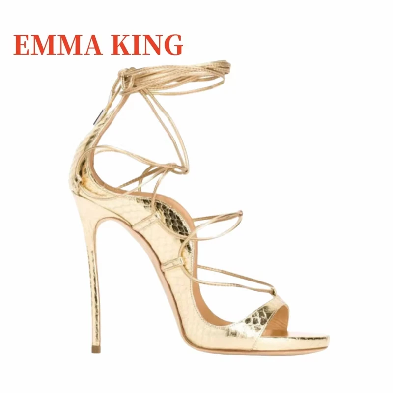 Gladiator-Sandalen mit Schnürung und Schlangenprägung, offene Zehen, Riemenpumps, 12 cm, große Stilettos-Sandalen, Sommer-Damenschuhe