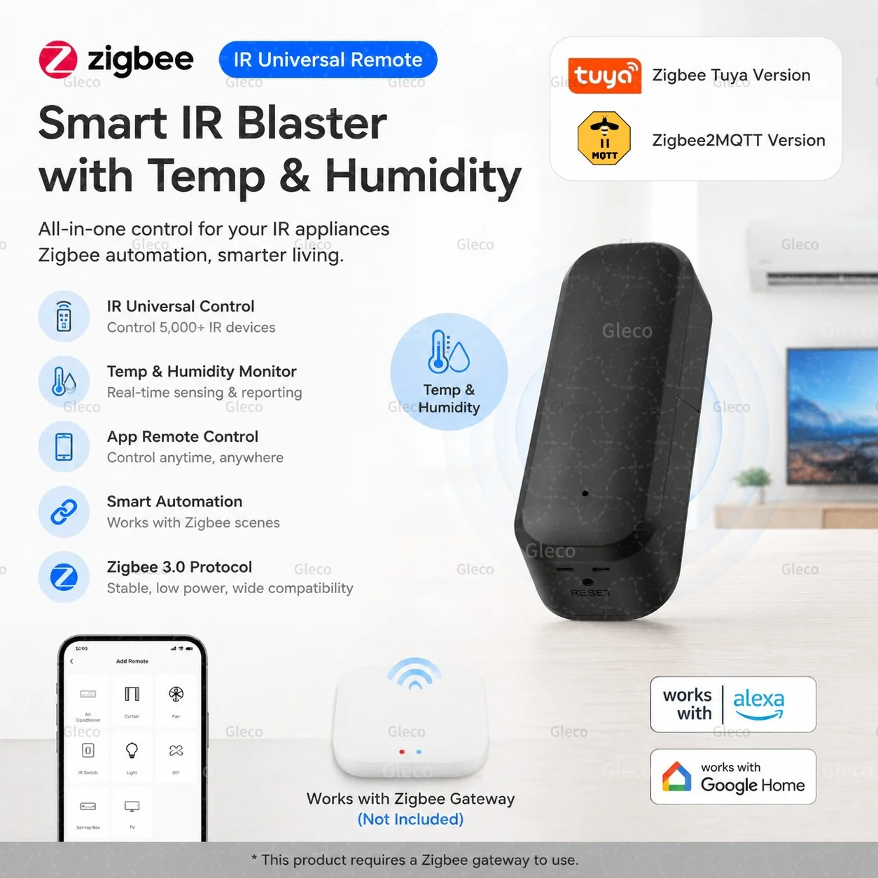 Zigbee IR-Fernbedienung Drahtloser Universeller Infrarot-Blaster Temperatur- und Feuchtigkeitssensor Zigbee2mqtt TUYA Smart Life Automation Image