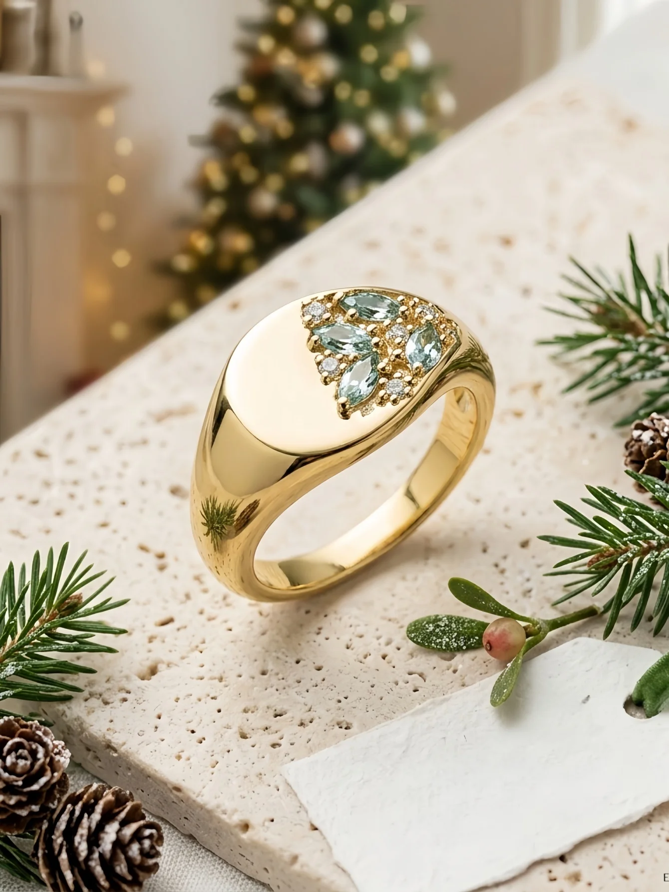 Vintage Gold-Siegelring mit blauem Zirkonia-Stein, klobiger Bandring, minimalistischer, eleganter Schmuck für Damen, Alltagsschmuck.
