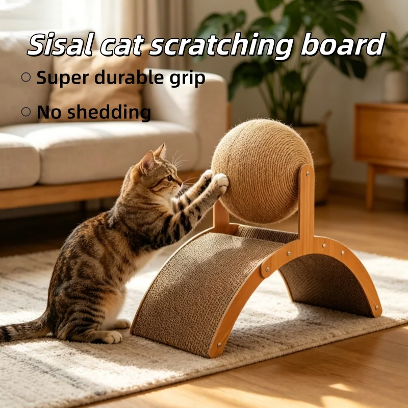 Massivholz 2-in-1 Katzenspielzeug mit verschleißfestem Sisal-Kratzboard und Pfotenpflege-Design, Holz-Kratzball für Katzen Image