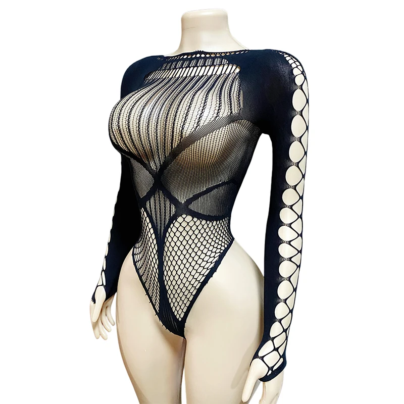 1 Stück Sexy Cover-Up Damen Bodysuit Langarm-Jumpsuit Durchsichtig mit Aussparungen für Musikfestivals Bodystocking BD033 Image
